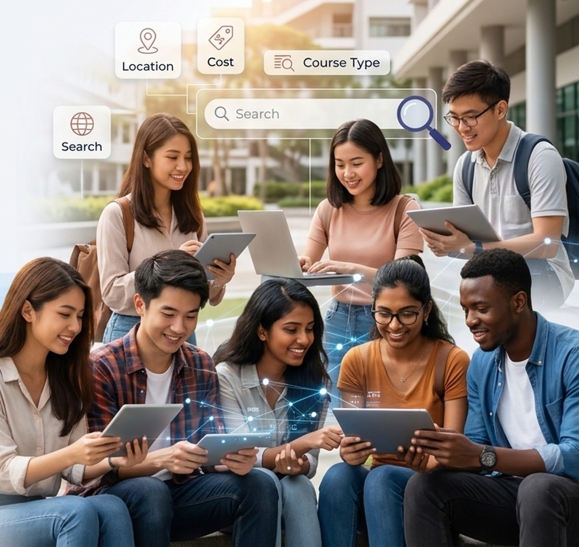 International students searching for programs on laptops and tablets