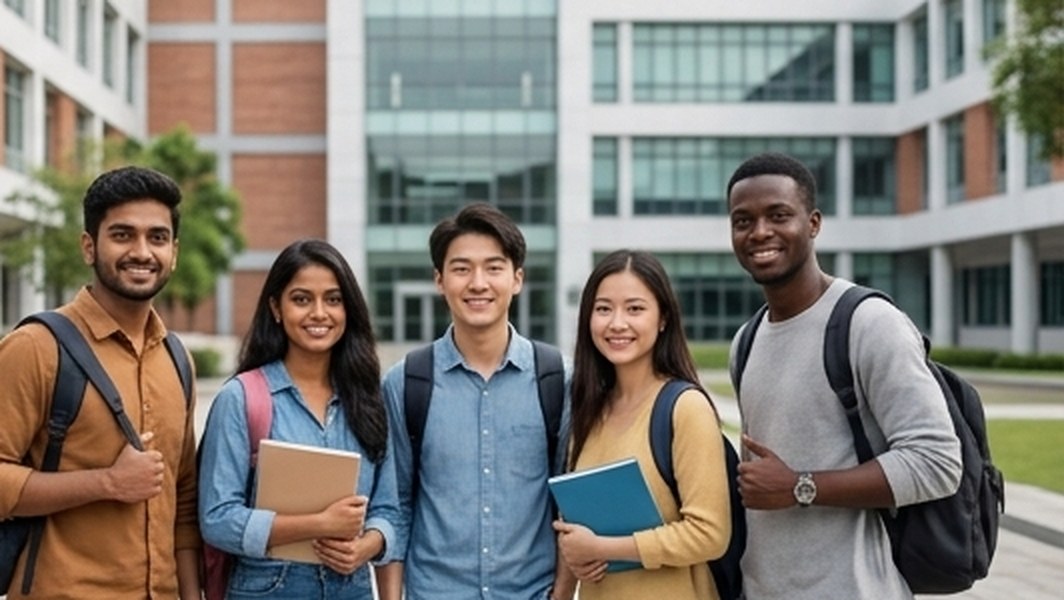 International students together on a university campus in Malaysia